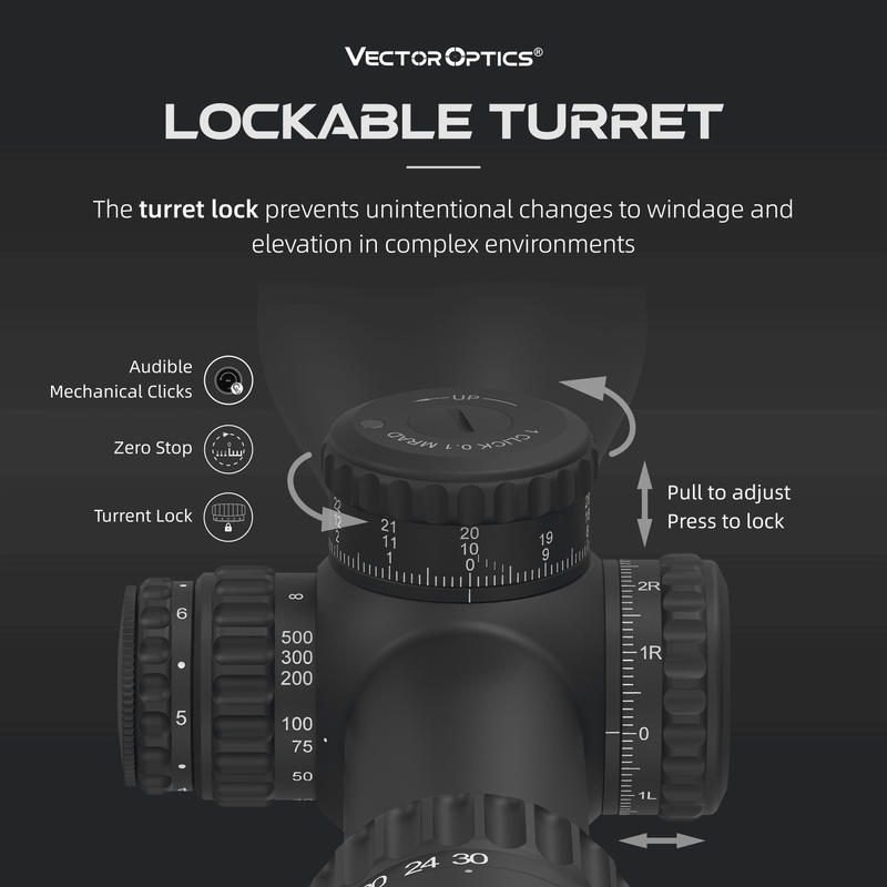 Load image into Gallery viewer, PRS | Continental x6 5-30x56 FFP Long Range Rifle Scope (SCFF-30&41) DESIGNS Lockable Turret with features on a dark background