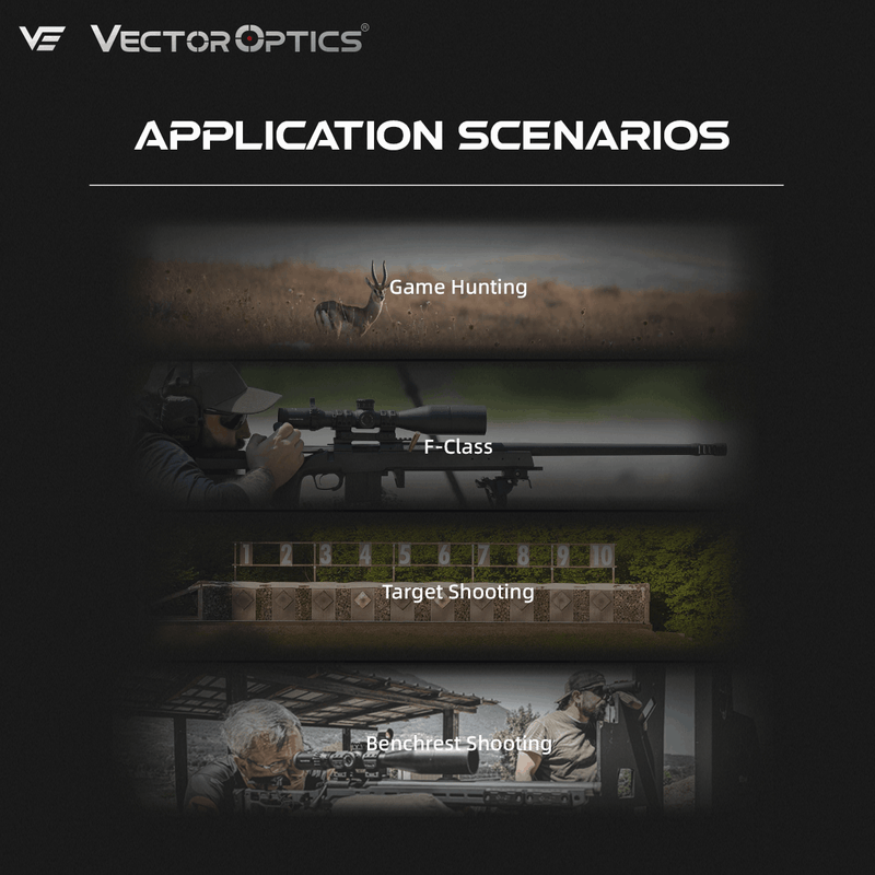 Load image into Gallery viewer, Tauron 5-50x60 application scenarios including game hunting, F-Class, target shooting, and benchrest shooting.