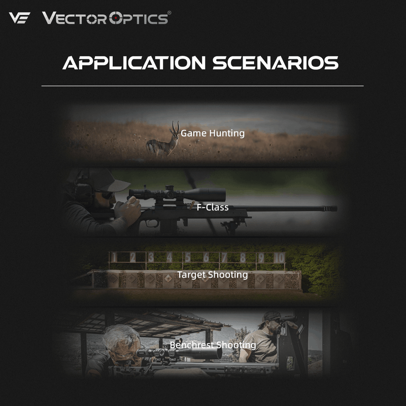 Load image into Gallery viewer, Tauron 5-50x60 application scenarios including game hunting, F-Class, target shooting, and benchrest shooting.