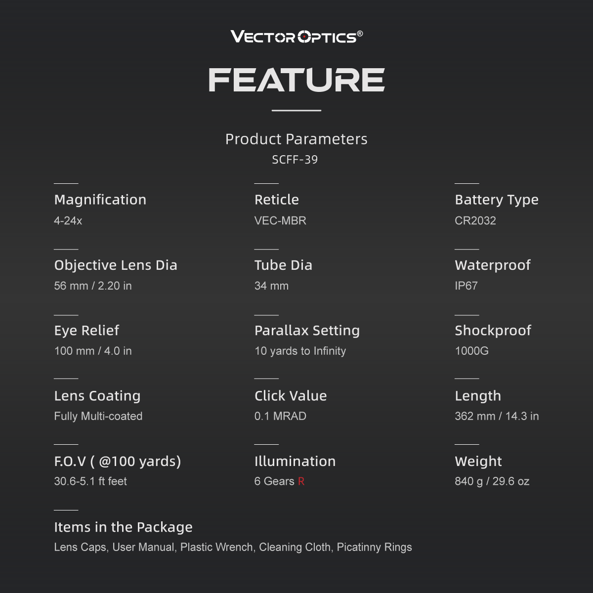 Product feature chart for Vector Optics SCFF-39 with technical specifications.