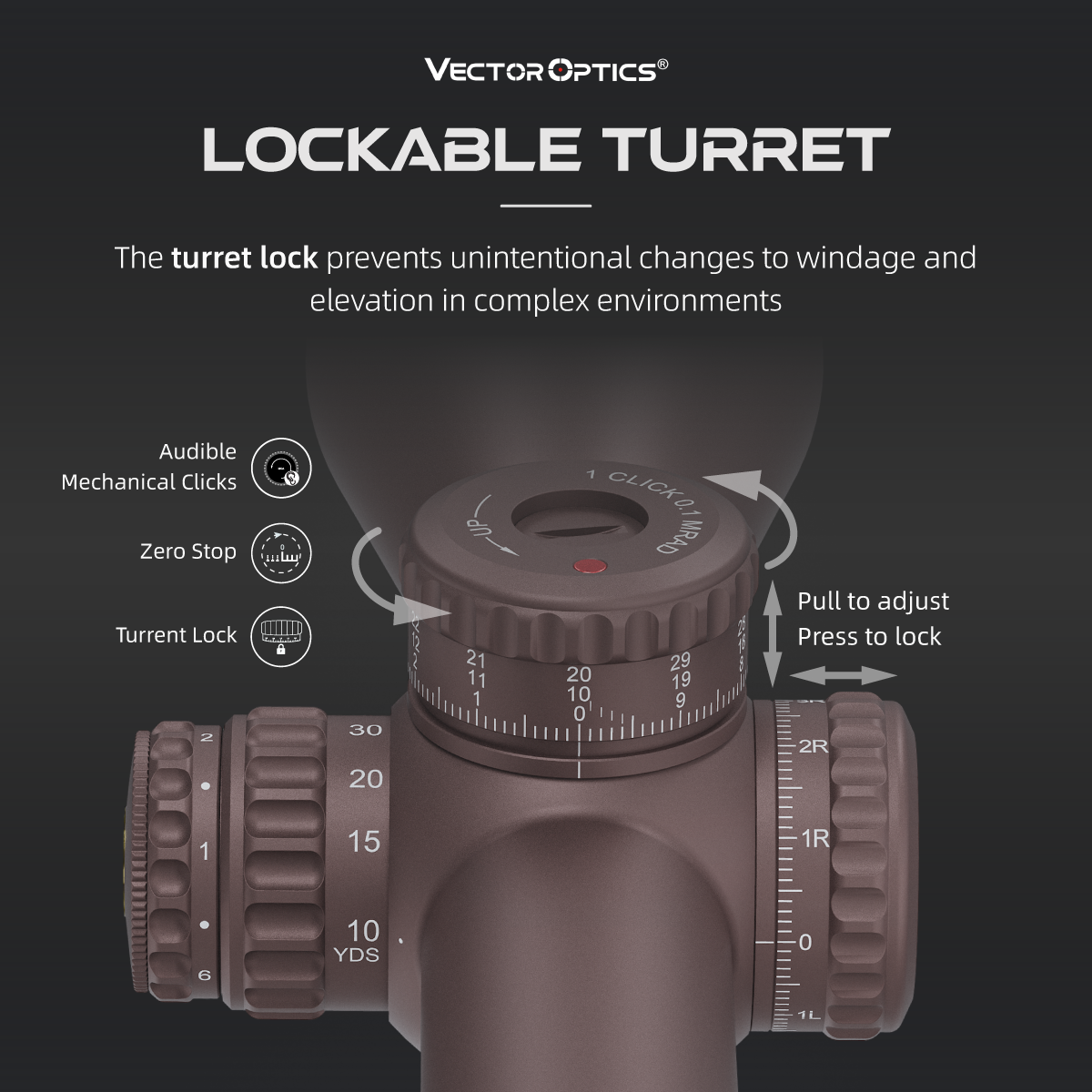 Vector Optics lockable turret with features and specifications