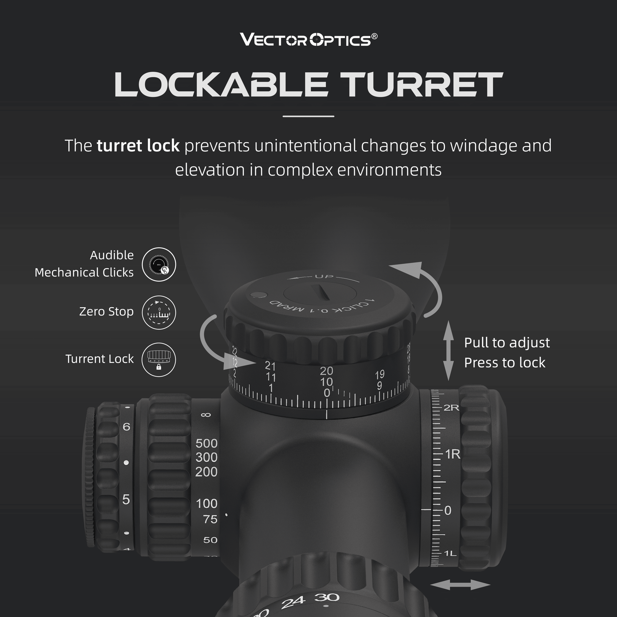 PRS | Continental x6 5-30x56 FFP Long Range Rifle Scope (SCFF-30&41) DESIGNS Lockable Turret with features on a dark background