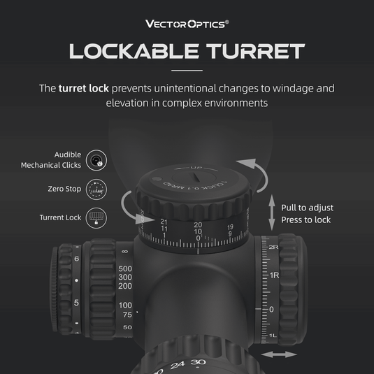 PRS | Continental x6 5-30x56 FFP Long Range Rifle Scope (SCFF-30&41) DESIGNS Lockable Turret with features on a dark background