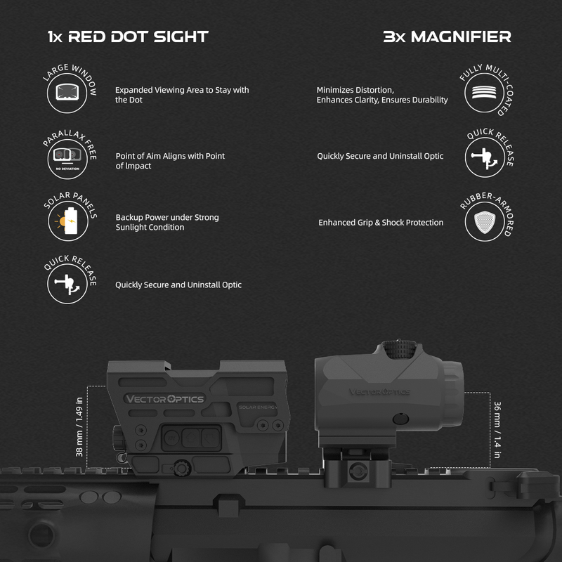 Load image into Gallery viewer, Frenzy Plus 1x31x26 SOL Solar Power Red Dot + Maverick-IV 3x22 Magnifier Mini Feature
