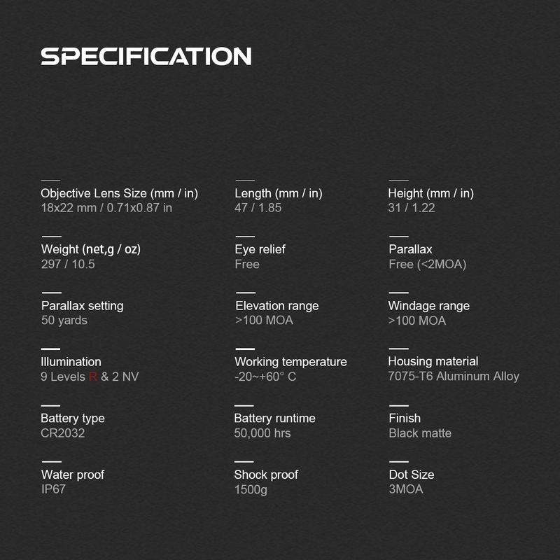 Load image into Gallery viewer, Frenzy Red Dot SCRD-75 Specification
