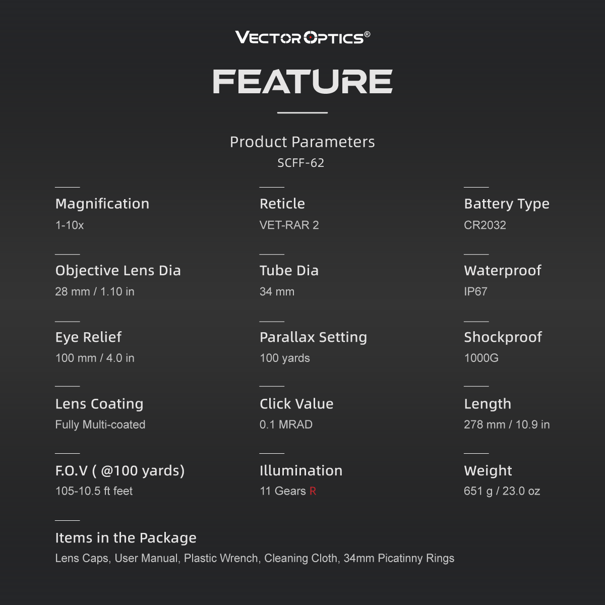 Product feature chart for VectorOptics SCFF-62 with technical specifications.