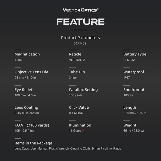 Product feature chart for VectorOptics SCFF-62 with technical specifications.