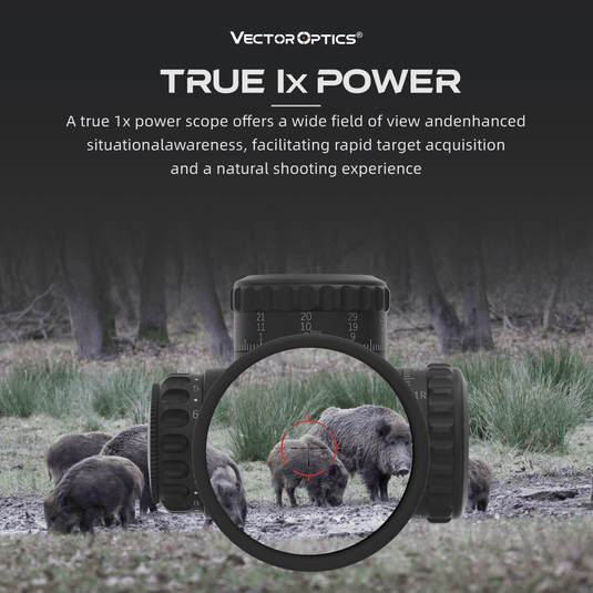 Vector Optics True 1x Power scope with a view of animals in the field