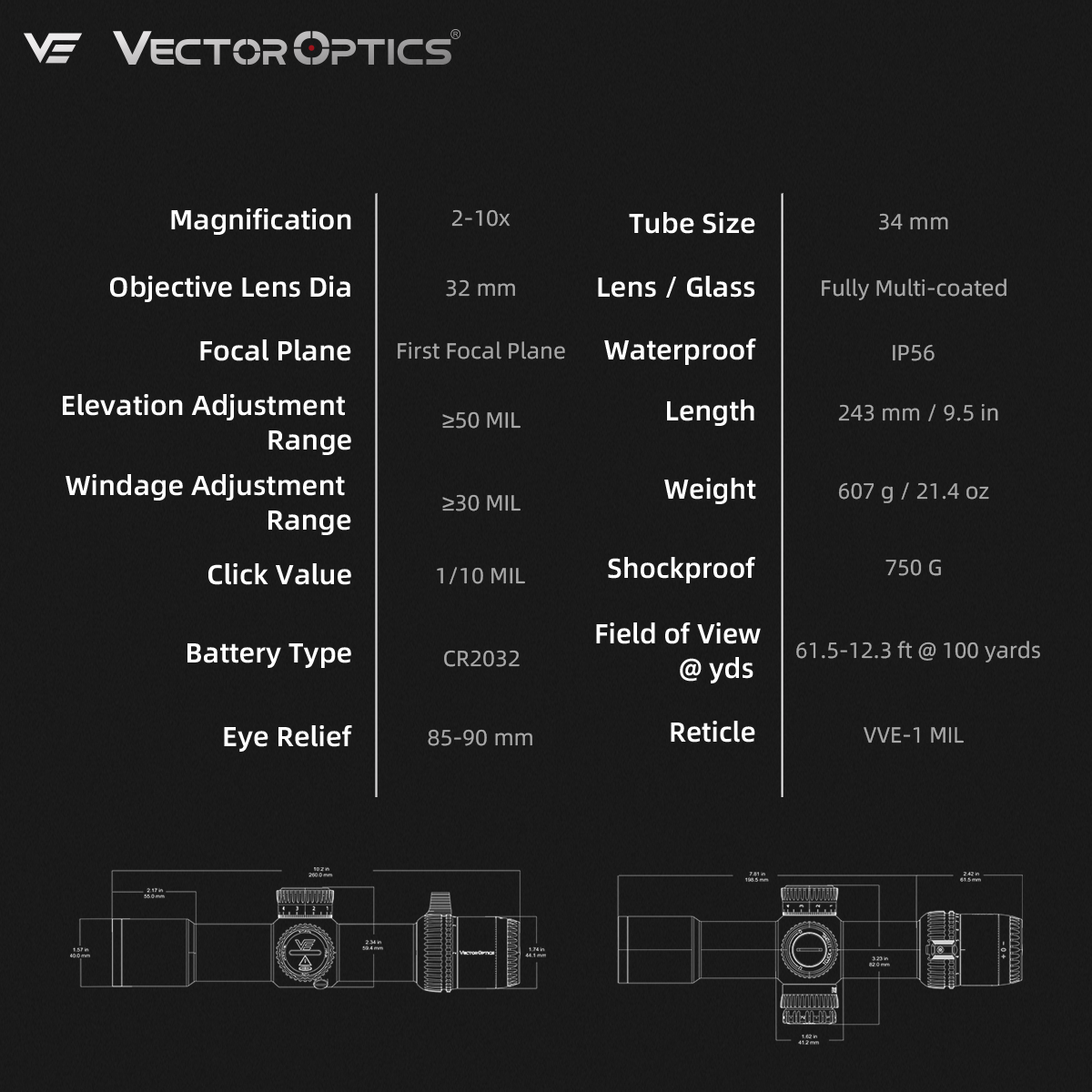 For AR-15 | Veyron GenII 2-10x32 HD CTR MPVO Rifle Scope (SCFF-83) | Target Shooting & Varmint Hunting