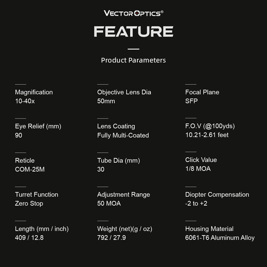 Product feature chart for Vector Optics with technical specifications