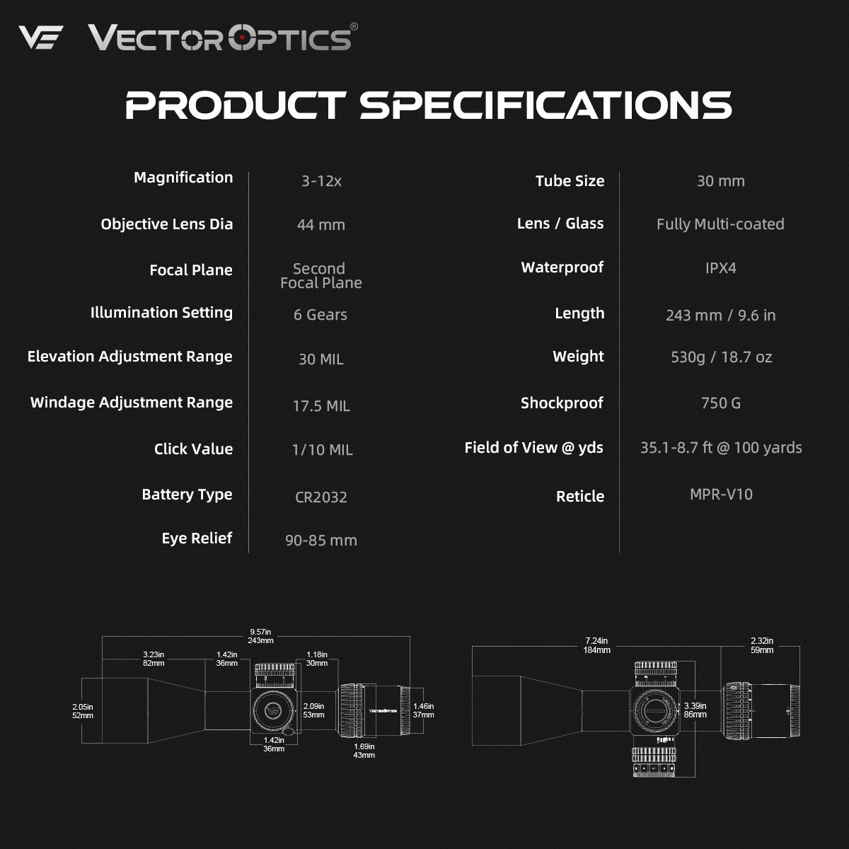 Field Target | Veyron 3-12x44IR MPVO SFP Rifle Scope (SCOM-40) | for AR15 / M4