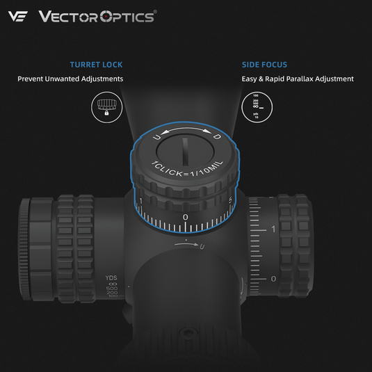 Turret lock and side focus mechanism of a Vector Optics scope on a black background