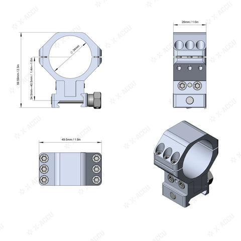 X-ACCU 34mm Adjustable Elevation Picatinny Rings